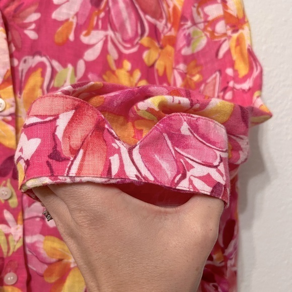 LIZ‎ CLAIBORNE 100% Linen Long Sleeve Colorful Floral Button Up Blouse Petite M - Picture 3 of 6